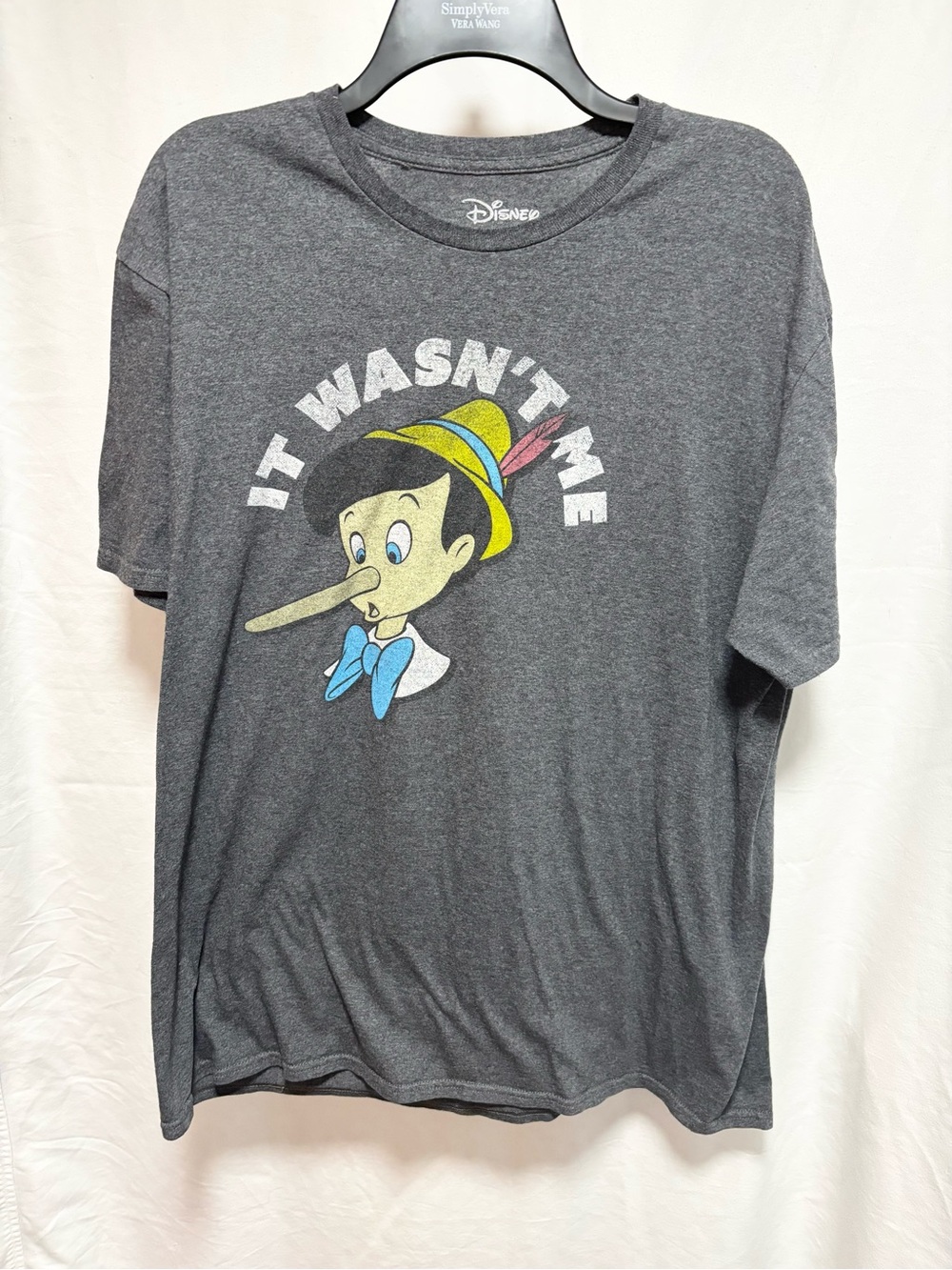 Disney Charcoal Pinocchio Graphic Tee with Yellow Hat and Blue Bow